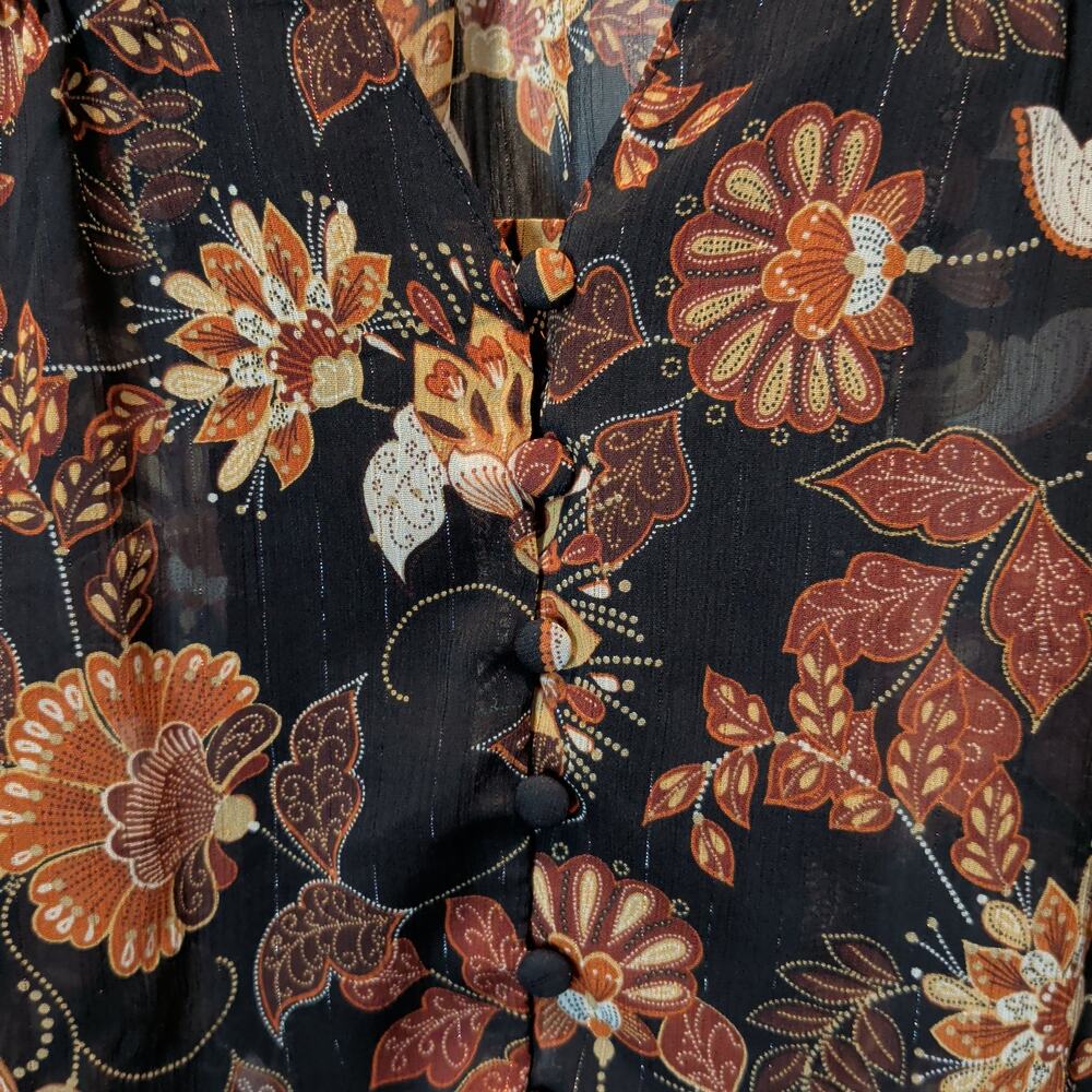 Evereve Women's Sz L Jaci Black Floral Gathered Sheer Blouse Button Up Metallic - Picture 3 of 7